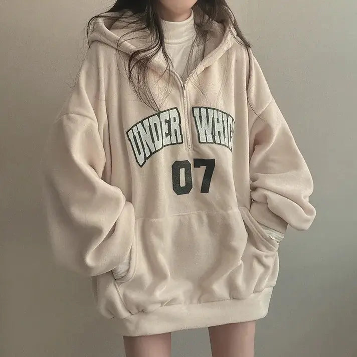 Thick Fleece-Lined Women's Letter Zipper Hoodie